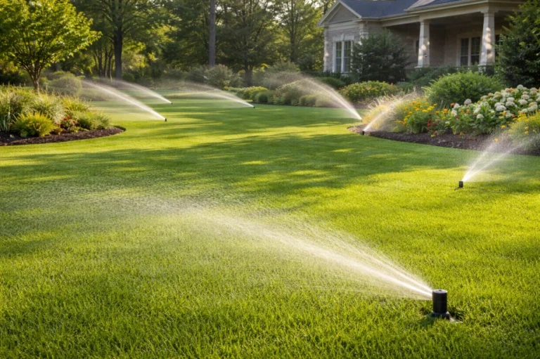 Well-maintained green lawn in Washington state being watered by in-ground sprinkler system near craftsman-style home.